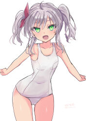 1girl absurdres bare_shoulders comandante_cappellini_(kancolle) flat_chest green_eyes grey_hair hair_ribbon highres hizaka kantai_collection looking_at_viewer one-piece_swimsuit open_mouth ribbon sidelocks smile solo swimsuit twintails twitter_username white_one-piece_swimsuit