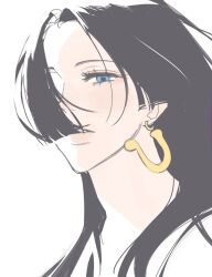 1girl black_hair blue_eyes boa_hancock close-up earrings eyelashes floating_hair hair_over_one_eye highres jewelry long_hair one_piece parted_lips portrait ppyobong11 simple_background snake_earrings solo white_background