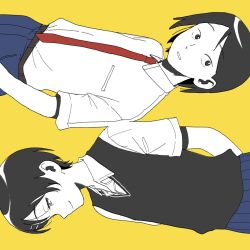 Rule 34 | 1boy, 1girl, arms behind back, black eyes, black hair, black sweater vest, blue pants, blue skirt, breast pocket, chuuya (user ekhm4877), collared shirt, commentary request, cousins, flat color, futsuu no keion-bu, hair ornament, hairpin, highres, kouyama rin, necktie, pants, parted bangs, parted lips, pixie cut, pleated skirt, pocket, red necktie, rotational symmetry, school uniform, shirt, short hair, short sleeves, simple background, skirt, smile, summer uniform, sweater vest, taguchi ryuuya, upper body, white shirt, yellow background