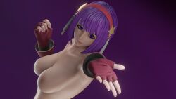 1girl 3d absurdres asamiya_athena breasts female_focus gloves guakghad hairband highres large_breasts looking_at_viewer medium_hair nipples pale_skin purple_eyes purple_hair smile solo star_(symbol) the_king_of_fighters
