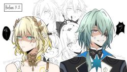 Rule 34 | ..., 3boys, 3girls, aglaea (honkai: star rail), anaxa (honkai: star rail), anger vein, black vest, blonde hair, breast tattoo, castorice (honkai: star rail), english text, eyepatch, green eyes, green hair, honkai: star rail, honkai (series), laurel crown, looking to the side, multiple boys, multiple girls, mydei (honkai: star rail), partially shaded face, phainon (honkai: star rail), short hair, simple background, speech bubble, tapiocaballtea, tattoo, translation request, tribbie (honkai: star rail), twitter username, upper body, vest, white background