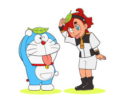 Rule 34 | 1boy, 1girl, ;p, asticassia school uniform, black footwear, blue eyes, blush stickers, boots, commentary request, crossover, doraemon, doraemon (character), forehead, fujiko f fujio (style), full body, gundam, gundam suisei no majo, hairband, highres, leaf, leaf on head, leaning forward, long hair, looking at viewer, low ponytail, one eye closed, parody, parted bangs, ponytail, red hair, school uniform, short sleeves, shorts, sidelocks, simple background, standing, style parody, suletta mercury, thick eyebrows, tongue, tongue out, ueyama michirou, white background, white shorts