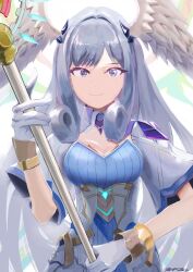 Rule 34 | 1girl, asymmetrical bangs, bakuros, breasts, closed mouth, commentary request, curly hair, gloves, grey eyes, grey hair, head wings, highres, holding, holding staff, large breasts, long hair, looking at viewer, melia antiqua, parted bangs, signature, smile, solo, staff, standing, white gloves, wings, xenoblade chronicles (series), xenoblade chronicles 3