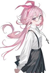 1girl black-framed_eyewear black_skirt blush bow_hairband closed_mouth collared_shirt commentary commission cowboy_shot cross cross_necklace glasses hairband highres jewelry karyln long_hair long_sleeves looking_at_viewer necklace original pink_eyes pink_hair pink_hairband pleated_skirt school_uniform shirt simple_background skirt solo suspender_skirt suspenders white_background white_shirt