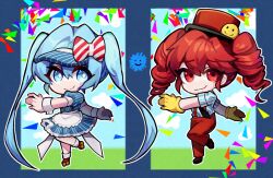 2girls absurdly_long_hair apron arm_behind_back black_necktie black_shoes blue_background blue_hair blue_hat blue_sky bow chibi chibi_only cloud commentary_request diagonal-striped_bow dress drill_hair flat_chest gloves hair_between_eyes hat hat_bow hatsune_miku hb_tangerine kasane_teto kepi korean_commentary leg_up long_hair looking_at_viewer medium_dress mesmerizer_(vocaloid) military_hat multiple_girls necktie nervous_smile outstretched_arms outstretched_hand pinstripe_dress pinstripe_hat pinstripe_pattern red_bow red_eyes red_hat shirt shoes short_sleeves skates sky sleeves_rolled_up smile smiley_hat_ornament standing standing_on_one_leg striped_clothes striped_shirt symmetrical_pose twin_drills twintails two-tone_bow utau very_long_hair vocaloid waist_apron white_apron white_bow white_wrist_cuffs wrist_cuffs yellow_gloves