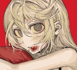 Rule 34 | 1girl, blonde hair, close-up, crazy eyes, face piercing, hair between eyes, hugging object, long hair, looking at viewer, mouth piercing, open mouth, piercing, pillow, pillow hug, portrait, red background, ringed eyes, simple background, solo, solo focus, teeth, upper body, zh 0w