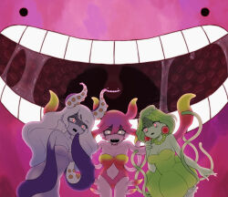 Rule 34 | 3girls, bare shoulders, blonde hair, blue skin, breasts, cleavage, collarbone, colored skin, earrings, gradient hair, green hair, green skin, highres, humphrey (omori), jewelry, large breasts, long hair, marina (omori), medusa (omori), miranosub, molly (omori), multicolored hair, multiple girls, navel, necklace, omori, open mouth, pink hair, pink skin, red eyes, saliva, saliva trail, sharp teeth, short hair, teeth, tentacle hair, white hair