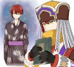 Rule 34 | 1boy, arms at sides, black gloves, black kimono, book, closed mouth, commentary request, cuilang (rune factory), eco (comochz), floral print, gloves, green eyes, hair between eyes, hat, highres, holding, holding book, japanese clothes, kimono, long sleeves, looking at viewer, male focus, night, night sky, obi, red hair, rune factory, rune factory: guardians of azuma, sash, scarf, short hair, sky, standing, upper body, yellow scarf, yukata