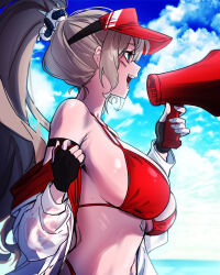 1girl absurdres barcode barcode_tattoo bikini black_gloves blue_sky blush breasts cloud commentary_request day dungeon_and_fighter ella_(dungeon_and_fighter) facial_tattoo fingerless_gloves from_side gloves grey_hair hair_ornament hand_up hat highres holding holding_megaphone horizon jacket jacket_partially_removed korean_commentary large_breasts lifeguard long_hair long_sleeves looking_ahead megaphone navel ocean open_mouth outdoors ponytail red_bikini red_hat roan_green sidelocks sky solo swimsuit tattoo upper_body visor_cap white_jacket
