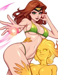 2girls bare_shoulders bikini blushyspicy breasts cleavage curvy highres jean_grey long_hair looking_at_viewer magic marvel marvel_rivals multiple_girls red_hair smile stomach string_bikini swimsuit thighs x-men