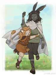 1boy 1girl ^_^ absurdres aged_down animal_ears arms_around_waist bandaged_wrist bandages black_hair black_pants black_shoes black_skin blonde_hair border bracelet cape capelet child closed_eyes colored_skin erenville final_fantasy final_fantasy_xiv full_body fur-tipped_tail furry furry_female gladiator_sandals grass happy height_difference highres hrothgar hug jewelry leg_up lion_ears lion_girl lion_tail mbomb medium_hair open_mouth orange_capelet outdoors pants rabbit_ears sandals shoes tail viera watermark weibo_watermark white_border white_cape wuk_lamat yellow_eyes