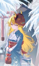 1boy 1girl araragi_koyomi back-to-back bag bakemonogatari black_hair blonde_hair blue_kimono enoharatoki furisode hand_in_pocket hannya height_difference highres holding holding_bag japanese_clothes kimono kinchaku long_hair looking_at_viewer mask monogatari_(series) noh_mask obi obijime oni_mask oshino_shinobu outdoors pouch sash solo_focus stairs torii vampire very_long_hair winter yellow_eyes
