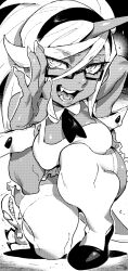 Rule 34 | adjusting eyewear, apron, black footwear, colored skin, demon girl, fangs, fastener (psg), fingernails, glasses, hairband, high heels, highres, horns, ireading, kneesocks (psg), long fingernails, long hair, monochrome, naked apron, panty &amp; stocking with garterbelt, ponytail, single horn, wrist cuffs