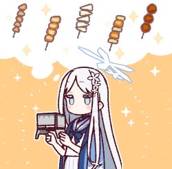 1girl blue_archive blue_coat blue_halo blue_neckerchief blush_stickers coat commentary_request flower food_request hair_flower hair_ornament halo holding long_hair nagusa_(blue_archive) neckerchief no_mouth object_request orange_background pleated_skirt shirt skirt solo sparkle speech_bubble thought_bubble very_long_hair white_eyes white_hair white_shirt white_skirt yoru_nai