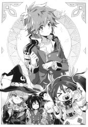alka_(last_dungeon) allan_toin_lidocaine crystal_ball glasses hat highres light_novel lloyd_belladonna marie_azami metal_arm monochrome official_art one_eye_closed riho_flavin selen_hemein tatoeba_last_dungeon_mae_no_mura_no_shounen_ga_joban_no_machi_de_kurasu_youna_monogatari thumbs_up watanuki_nao witch_hat