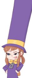 1girl a_hat_in_time blue_eyes brown_hair cape commentary english_commentary hands_on_own_hips hat hat_kid highres jacket long_sleeves looking_ahead medium_hair open_mouth ponytail purple_hat purple_jacket simple_background solo spicy_bardo tall_hat top_hat upper_body white_background yellow_cape zipper_pull_tab