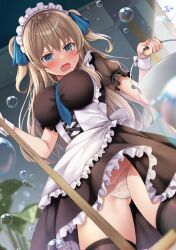 1girl apron aqua_necktie black_dress black_thighhighs blonde_hair blush bow breasts bubble bucket clothes_lift dress frilled_apron frills green_eyes hair_bow holding holding_mop indoors large_breasts long_hair maid maid_headdress mop mori_airi necktie open_mouth original panties skirt skirt_lift thighhighs underwear white_apron white_panties wrist_cuffs