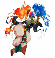 1girl bare_shoulders breasts colored_skin fiery_hair fire forehead_jewel gerudo green_skin hair_tubes harem_pants ice large_breasts long_hair nintendo pants pointy_footwear puffy_pants red_lips sidelocks simple_background sleeveless solo the_legend_of_zelda the_legend_of_zelda:_ocarina_of_time twinrova twintails vero white_background