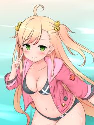 1girl ahoge arm_at_side asymmetrical_bangs bell bikini black_bikini blonde_hair blush breasts buttons catherine_(soulworker) cleavage closed_mouth collarbone cowboy_shot floating_hair gradient_hair green_eyes hair_bell hair_ornament hand_up hood hood_down hooded_jacket jacket jingle_bell leaning_forward long_hair looking_at_viewer medium_breasts multicolored_hair navel open_clothes open_jacket pink_jacket ria_aerial smile solo soulworker swept_bangs swimsuit two_side_up v very_long_hair water wet