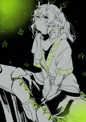 1girl absurdres blush candle closed_mouth commentary expressionless foot_out_of_frame green_eyes green_theme hashihime head_back headband highres looking_at_viewer mizuhashi_parsee monochrome on_railing pointy_ears railing sash shirt short_hair short_sleeves skirt socks solo touhou yamazaki_tsukune