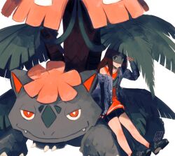 1girl black_jacket black_shoes bright_pupils brown_hair closed_mouth commentary creatures_(company) fangs full_body game_freak gen_1_pokemon jacket jena_(mintycolors) leaf_(pokemon) mega_pokemon mega_venusaur nintendo nostrils orange_shirt pokemon pokemon_(creature) pokemon_masters_ex shirt shoes shorts simple_background sitting sneakers symbol-only_commentary venusaur white_pupils