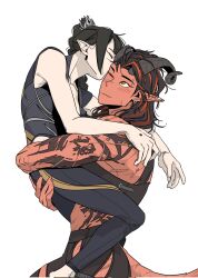 2girls arm_tattoo baldur&#039;s_gate baldur&#039;s_gate_3 bare_arms black_hair black_pants black_shirt braid closed_eyes dungeons_&amp;_dragons dungeons_&amp;_dragons ear_piercing elf fang highres horns hug karlach kiss kissing_cheek l_maria_427 long_hair multicolored_hair multiple_girls one_eye_closed pants piercing pointy_ears scar scar_on_arm scar_on_face shadowheart_(baldur&#039;s_gate) shirt simple_background single_braid skin_fang streaked_hair tail tattoo tiefling white_background yellow_eyes yuri