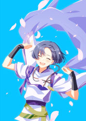 Rule 34 | 1boy, armor, black hair, blue background, blunt ends, closed eyes, clothing cutout, eyeliner, eyeshadow, falling petals, feathers, genshin impact, green sash, hag (hag 015), hair intakes, hands up, happy, highres, holding veil, japanese armor, japanese clothes, kariginu, kimono, kote, kurokote, layered kimono, layered sleeves, makeup, male focus, open mouth, parted bangs, petals, pink petals, pom pom (clothes), purple kimono, purple sash, purple sleeves, purple veil, red eyeliner, red eyeshadow, sash, scaramouche (genshin impact), scaramouche (kabukimono) (genshin impact), short sleeves, shoulder cutout, side cutout, solo, string, tasuki, teeth, upper teeth only, veil, white sleeves, yellow feathers