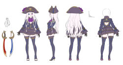 1girl albino_pirate_(enkyo_yuuichirou) bicorne black_gloves blue_eyes blue_footwear boots reference_sheet closed_mouth contrapposto enkyo_yuuichirou fold-over_boots gloves hat heterochromia high_heels long_hair long_sleeves looking_at_viewer miniskirt multiple_views original pink_hair pirate_hat profile red_eyes scimitar simple_background skirt smile sword thigh_boots thighhighs very_long_hair weapon white_background zettai_ryouiki
