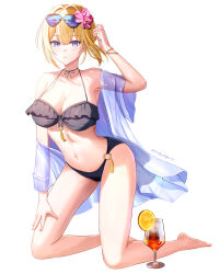 Rule 34 | 1girl, alternate costume, arm up, barefoot, bikini, black bikini, blonde hair, blush, bracelet, breasts, cleavage, commentary request, drink, evelyn chevalier, evening, eyewear on head, flower, food, fruit, full body, hair flower, hair ornament, highres, jewelry, kneeling, large breasts, looking at viewer, mitsukayurie, mole, mole under eye, navel, o-ring, o-ring bikini, orange (fruit), orange slice, parted lips, purple eyes, see-through clothes, solo, stomach, sunglasses, swimsuit, thighs, white background, zenless zone zero