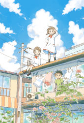 1boy 2girls :c absurdres air_conditioner ankle_socks arm_support arm_up awning backlighting balcony black_eyes black_footwear black_legwear blue_sky blush_stickers body_blush bow bowtie braid brown_hair building character_request child closed_mouth clothes_pin clothesline cloud cloudy_sky collared_dress copyright_request day dot_nose dress drying drying_clothes expressionless flower foot_dangle green_shirt grin hair_behind_ear hand_on_own_hip highres house itunohika laundry layered_sleeves leaf legs_together long_sleeves looking_at_viewer low_twintails mary_janes matching_outfits medium_dress multiple_girls official_art outdoors pale_color pink_flower plant pocket power_lines railing red_bow red_bowtie scenery shading_eyes shirt shoes short_bangs short_eyebrows short_hair short_over_long_sleeves short_sleeves short_twintails siblings sisters sitting sky sleeve_cuffs smile socks standing striped_clothes striped_shirt t-shirt tan tareme tile_roof twin_braids twins twintails utility_pole white_dress wide_shot wind window wing_collar