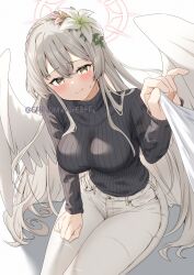 1girl absurdres alternate_costume angel_wings black_sweater blue_archive blush braid breasts brown_hair casual clenched_hand closed_mouth commentary cowboy_shot crown_braid denim feathered_wings flower furrowed_brow hair_between_eyes hair_flower hair_ornament halo hand_on_own_thigh hand_up highres jeans large_breasts legs_together light_smile long_hair long_sleeves looking_at_viewer low_wings nagisa_(blue_archive) on_floor pants pink_flower pink_halo ribbed_sweater shadow simple_background sitting sleeve_pull solo sweatdrop sweater sweater_tucked_in turtleneck turtleneck_sweater twitter_username very_long_hair white_background white_flower white_pants white_wings wings yamano_rokamizu