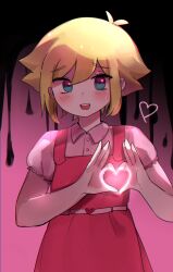 1boy :d basil_(faraway)_(omori) basil_(omori) belt black_background blonde_hair blue_eyes blush buttons chromatic_aberration collared_shirt commentary cosplay crossdressing double-parted_bangs dress english_commentary frilled_sleeves frills glowing gradient_background griffin333 hair_between_eyes hands_up heart heart_belt heart_hands heart_in_eye highres male_focus no_sclera omori open_mouth perfectheart_(omori) perfectheart_(omori)_(cosplay) pinafore_dress pink_background pink_dress puffy_short_sleeves puffy_sleeves raised_inner_eyebrows shirt short_sleeves sidelocks simple_background sleeveless sleeveless_dress smile solo sweatdrop symbol_in_eye teeth two-tone_background upper_body upper_teeth_only white_belt white_shirt