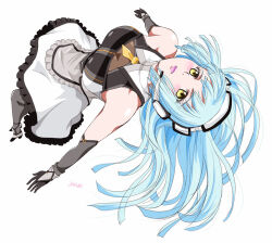 1girl apron artist_name bare_shoulders black_gloves blue_hair eiyuu_densetsu floating_hair gloves headset high_heels hime_cut kuro_no_kiseki_(series) kuro_no_kiseki_i long_hair maid_apron maid_headdress risette_twinings sideburns simple_background solo thighhighs white_background xiacheng_tatsuya yellow_eyes
