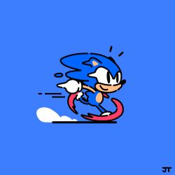 1boy animal_ears animal_nose black_eyes blue_background blue_fur body_fur closed_mouth commentary english_commentary from_side full_body furry furry_male gloves happy highres james_turner male_focus motion_lines notice_lines red_shoes running shoes signature simple_background smile smoke solo sonic_(series) sonic_the_hedgehog speed_lines wheel_o_feet white_gloves
