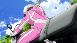 1girl animated anime_screenshot ass bakuon!! blonde_hair bodysuit breasts from_behind helmet large_breasts motor_vehicle motorcycle motorcycle_helmet pink_bodysuit racing_suit sitting sound suzunoki_rin tagme twintails video