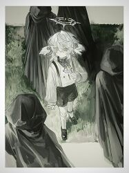 1boy 4others black_shoes black_shorts c4c7h child closed_mouth grey_hair halo head_wings highres honkai:_star_rail honkai_(series) multiple_others shirt shoes shorts socks solo_focus spiked_halo sunday_(honkai:_star_rail) white_shirt white_socks white_wings wings