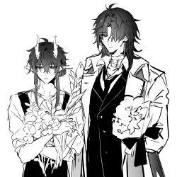 Rule 34 | 2boys, absurdres, alternate costume, blade (honkai: star rail), bouquet, dan heng (honkai: star rail), dan heng (imbibitor lunae) (honkai: star rail), dragon horns, flower, greyscale, hamtaru542899, height difference, highres, holding, holding bouquet, holding flower, honkai: star rail, honkai (series), horns, monochrome, mors gn, multiple boys, twitter, white background