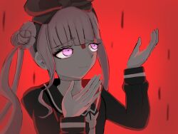 1girl female_focus hands_up highres long_sleeves looking_up matching_hair/eyes pink_eyes pink_hair raining_blood red_background solo solo_focus the_hundred_line_-last_defense_academy- tsukumo_kako