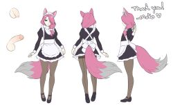 1boy androgynous animal_ear_fluff animal_ears apron black_pantyhose closed_mouth dress frilled_dress frills full_body green_eyes hair_over_one_eye hair_over_shoulder highres long_hair low-tied_long_hair maid maid_apron maid_headdress male_focus mary_janes mokotoko9 original pantyhose penis pink_fur reference_sheet shoes side_ponytail solo standing tail thank_you trap wolf_boy wolf_ears wolf_tail