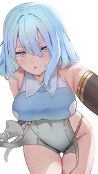 1girl bare_shoulders blue_eyes blue_hair breasts covered_navel cowboy_shot dreizehn_(shadowverse) gloves highres large_breasts leotard looking_at_viewer medium_hair no_panties shadowverse shadowverse:_worlds_beyond simple_background sleeveless solo ssa_tknh white_background white_gloves white_leotard