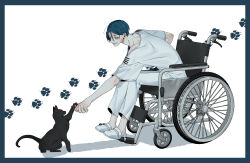 1boy absurdres animal black_cat blue_border blue_hair border cat commentary_request full_body highres leaning_forward maelo male_focus meguriya_ayumu pants paw_print reaching reaching_towards_another shirt shoes short_hair simple_background sitting smile solo toshi_densetsu_kaitai_center wheelchair white_background white_pants white_shirt white_shoes