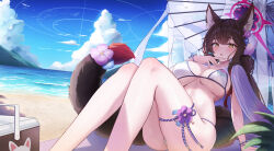 1girl absurdres animal_ears ass bare_legs beach bikini blue_archive breasts brown_hair cleavage day feet_out_of_frame fox_ears fox_girl fox_tail halo hand_up highres hwa_sawa knees_up large_breasts long_hair looking_at_viewer low_twintails multicolored_hair official_alternate_costume oil-paper_umbrella open_mouth outdoors sitting skindentation solo streaked_hair string_bikini swimsuit tail thigh_strap thighs towel towel_around_neck twintails two-tone_hair umbrella wakamo_(blue_archive) wakamo_(swimsuit)_(blue_archive) white_bikini yellow_eyes