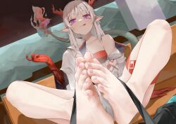 1girl :q arknights barefoot dragon_horns dragon_tail feet highres horns long_hair looking_at_viewer nian_(arknights) oshin0_(zheng) pointy_ears purple_eyes soles tail toes tongue tongue_out white_hair