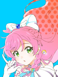 1girl blue_background bow braid cure_prism dress earrings elbow_gloves floating_hair glint gloves green_eyes hair_bow halter_dress halterneck haruru_(dontacocon) highres hirogaru_sky!_precure jewelry long_hair looking_at_viewer magical_girl nijigaoka_mashiro pink_hair precure simple_background solo swept_bangs upper_body white_gloves