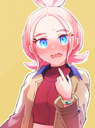 1girl blush brown_jacket commentary_request fingernails hair_bun highres jacket long_sleeves looking_at_viewer midriff nintendo open_clothes open_jacket open_mouth pink_hair pointing pointing_at_self pokemon pokemon_legends:_z-a red_sweater ric simple_background single_hair_bun solo sweat sweater taunie_(pokemon) turtleneck turtleneck_sweater yellow_background