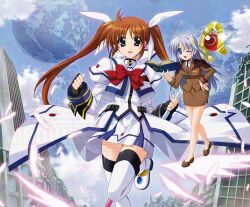 2girls ahoge ankle_wings black_bow black_bowtie blazer blue_eyes book bow bowtie brown_jacket brown_shoes brown_skirt commentary english_commentary fingerless_gloves full_body gloves hair_ornament hair_ribbon hand_on_own_hip higa_yukari highres holding holding_staff jacket long_hair long_sleeves lyrical_nanoha mage_staff mahou_shoujo_lyrical_nanoha_strikers miniskirt multiple_girls open_book open_mouth outdoors pencil_skirt planet raising_heart raising_heart_(device_mode) reinforce_zwei ribbon ruins shirt shoes skirt sky smile staff standing standing_on_one_leg takamachi_nanoha takamachi_nanoha_(aggressor_mode) thighhighs tsab_ground_military_uniform twintails waist_cape watermark white_jacket white_ribbon white_shirt white_shoes white_skirt white_thighhighs wings winking_(animated) x_hair_ornament zettai_ryouiki