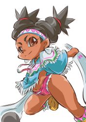 Rule 34 | 1girl, black hair, blush, braid, brown eyes, capcom, chibi, dark-skinned female, dark skin, denim, denim shorts, headband, jumping, lily hawk, looking at viewer, native american, navel, ookami102, pink shorts, poncho, short shorts, shorts, smile, street fighter, street fighter 6, torn clothes, torn shorts, twin braids, weapon, white background
