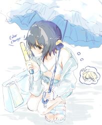 1boy 1girl arknights bad_feet bag bikini black_hair blush character_name english_text frilled_bikini frills glowstick grey_eyes highres holding holding_glowstick holding_umbrella jacket la_pluma_(arknights) la_pluma_(summer_flowers)_(arknights) lightstick looking_to_the_side parasol parted_lips sandals scrunchie shoes short_hair simple_background sketch speech_bubble squatting swimsuit tequila_(arknights) umbrella umogame white_background white_bikini white_jacket white_shoes