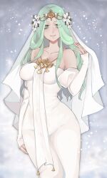 1girl bare_shoulders breasts bridal_veil bride closed_mouth collarbone detached_sleeves dress fingernails fire_emblem fire_emblem:_three_houses flower green_eyes green_hair grey_background hair_flower hair_ornament highres large_breasts lips long_hair looking_at_viewer nintendo octoboo pink_lips pink_nails rhea_(fire_emblem) simple_background sleeves_past_wrists smile solo strapless strapless_dress thighs veil wedding_dress white_flower