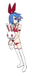 1girl bikini blue_hair boots detached_collar disgaea expressionless flat_chest hair_over_one_eye highres imamura_ryou looking_at_viewer navel necktie pleinair pointy_ears red_bikini red_necktie short_hair solo stuffed_animal stuffed_rabbit stuffed_toy swimsuit thigh_boots usagi-san white_background white_boots